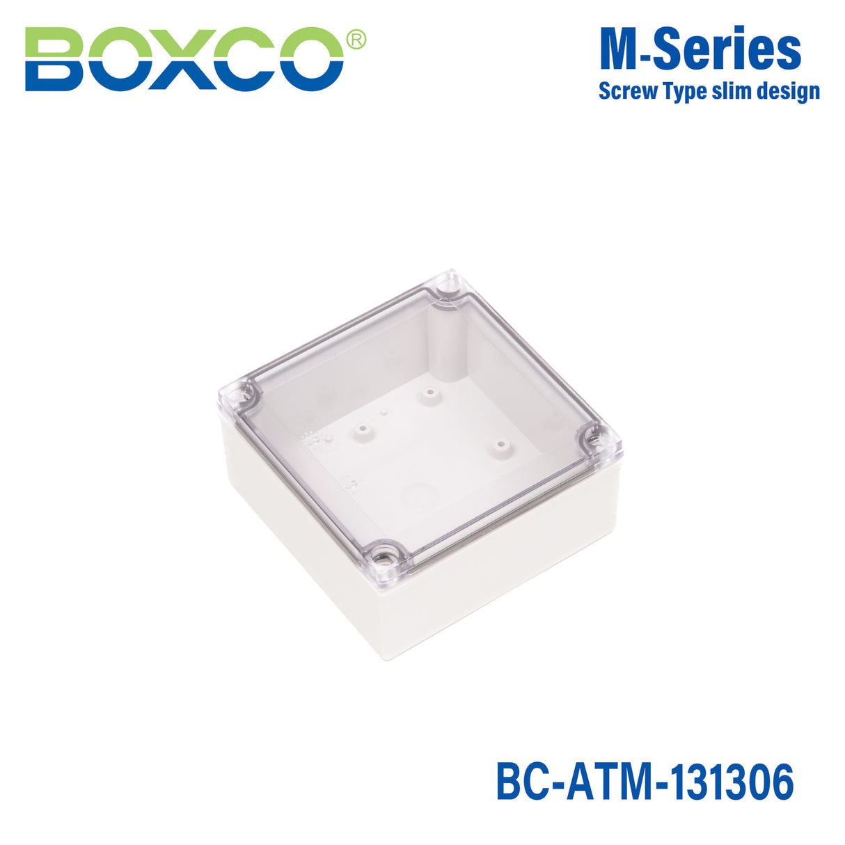 Boxco M-Series 5.12 x 5.12 x 2.36 Inches(130 x 130 x 60mm) Plastic Enclosure, IP67, IK08, ABS, Transparent Cover, Screw Type