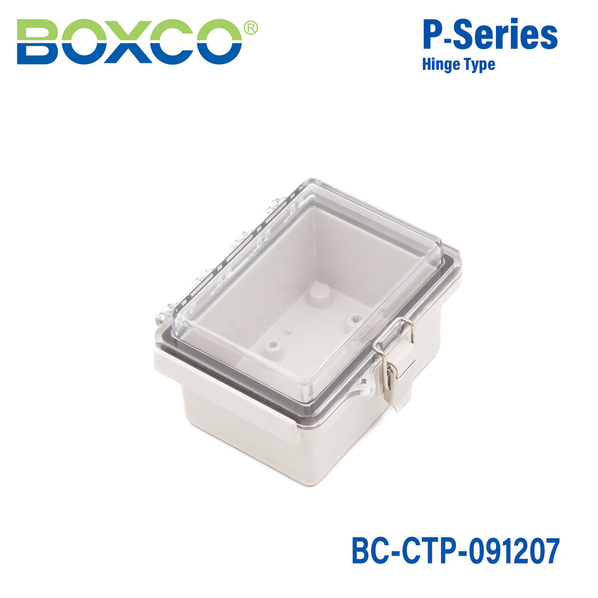 Boxco P-Series 3.54 x 4.72 x 2.76 Inches(90 x 120 x 70mm) Plastic Enclosure, IP67, IK08, PC, Transparent Cover, Molded Hinge and Latch Type