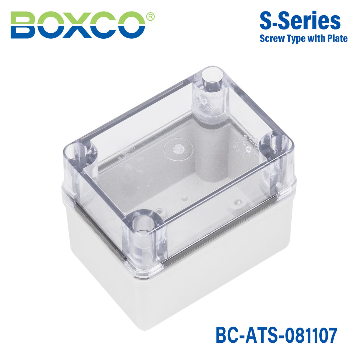 Boxco S-Series 3.15 x 4.33 x 2.76 Inches(80x110x70mm) Plastic Enclosure, IP67, IK08, ABS, Transparent Cover, Screw Type
