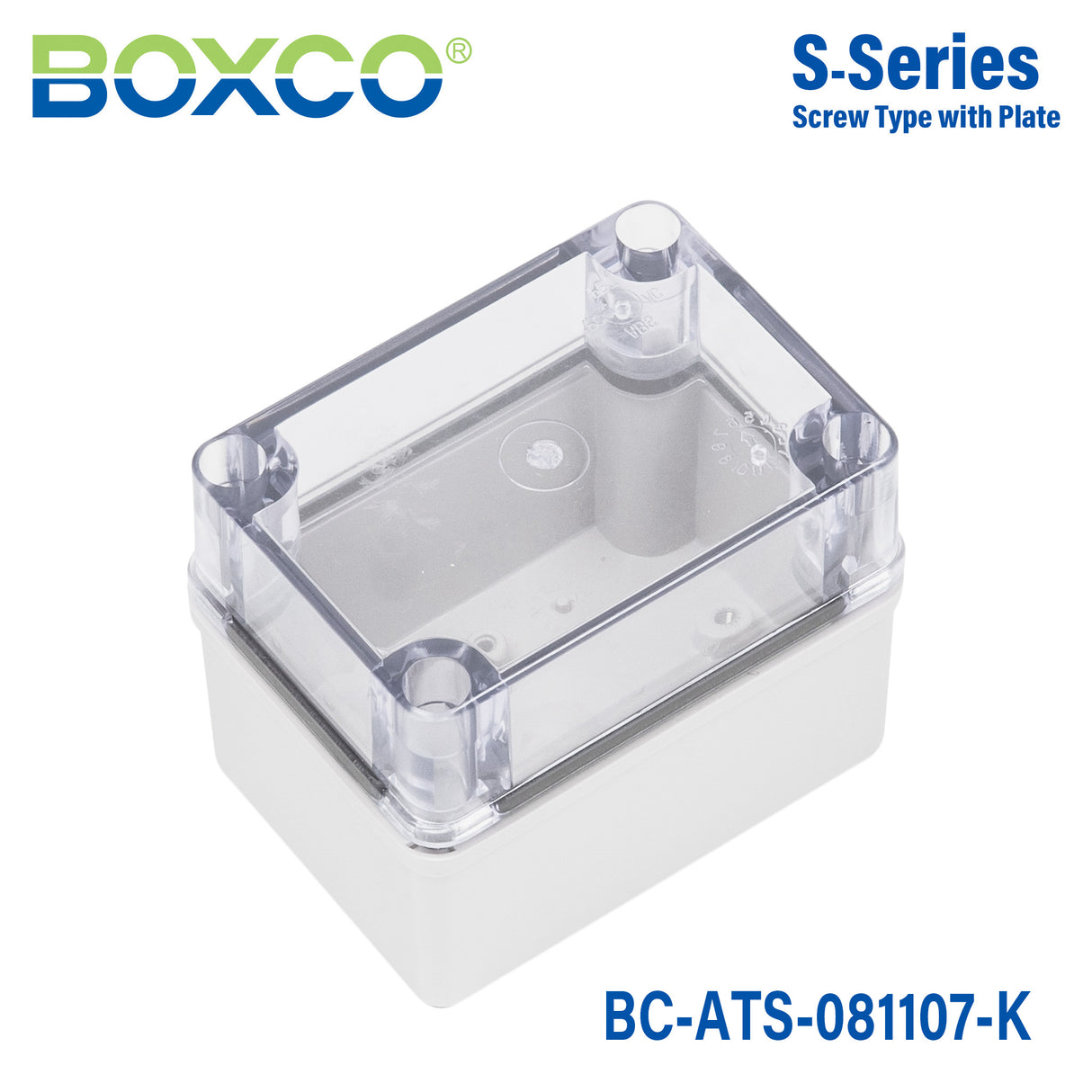 Boxco S-Series 3.15 x 4.33 x 2.76 Inches(80 x 110 x 70mm) Plastic Enclosure, IP67, IK08, ABS, Transparent Cover, Screw Type