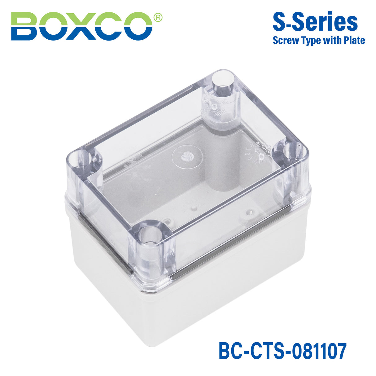 Boxco S-Series 3.15 x 4.33 x 2.76 Inches(80x110x70mm) Plastic Enclosure, IP67, IK08, PC, Transparent Cover, Screw Type
