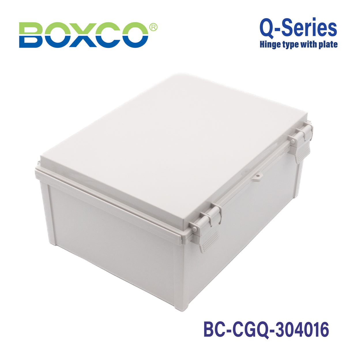 Boxco Q-Series 11.81 x 15.75 x 6.30 Inches(300 x 400 x 160mm) Plastic Enclosure, IP67, IK08, PC, Grey Cover, Plastic Hinge and Latch Type