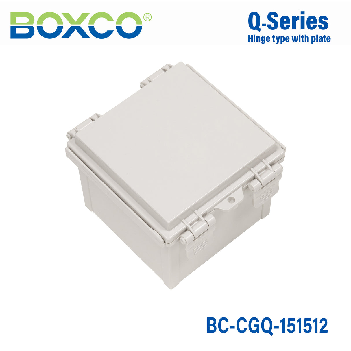 Boxco Q-Series 5.91 x 5.91 x 4.72 Inches(150 x 150 x 120mm) Plastic Enclosure, IP67, IK08, PC, Grey Cover, Plastic Hinge and Latch Type