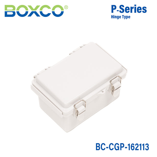 Boxco P-Series 6.30 x 8.27 x 5.12 Inches(160 x 210 x 130mm) Plastic Enclosure, IP67, IK08, PC, Grey Cover, Molded Hinge and Latch Type
