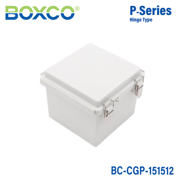 Boxco P-Series 5.91 x 5.91 x 4.72 Inches(150 x 150 x 120mm) Plastic Enclosure, IP67, IK08, PC, Grey Cover, Molded Hinge and Latch Type