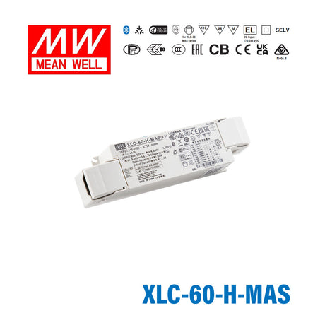 Mean Well XLC-60-H-MAS LED Driver 60W 1400mA 9~54V Constant Power, Current Setting by Dip Switch, Matter Wireless Dimming with Strain Relief