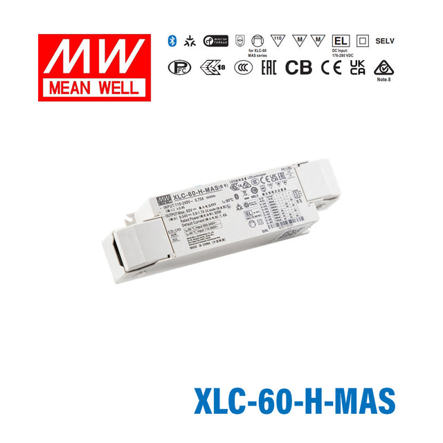 Mean Well XLC-60-H-MAS LED Driver 60W 1400mA 9~54V Constant Power, Current Setting by Dip Switch, Matter Wireless Dimming with Strain Relief