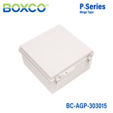 Boxco P-Series 11.81 x 11.81 x 5.91 Inches(300 x 300 x 150mm) Plastic Enclosure, IP67, IK08, ABS, Grey Cover, Molded Hinge and Latch Type