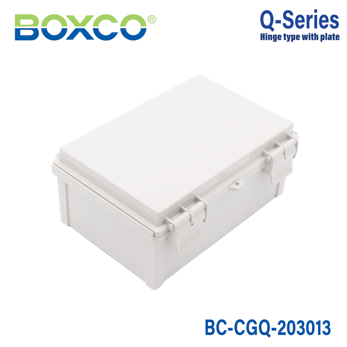 Boxco Q-Series 7.87 x 11.81 x 5.12 Inches(200 x 300 x 130mm) Plastic Enclosure, IP67, IK08, PC, Grey Cover, Plastic Hinge and Latch Type