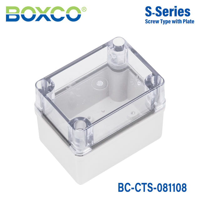 Boxco S-Series 3.15 x 4.33 x 3.35 Inches(80x110x85mm) Plastic Enclosure, IP67, IK08, PC, Transparent Cover, Screw Type