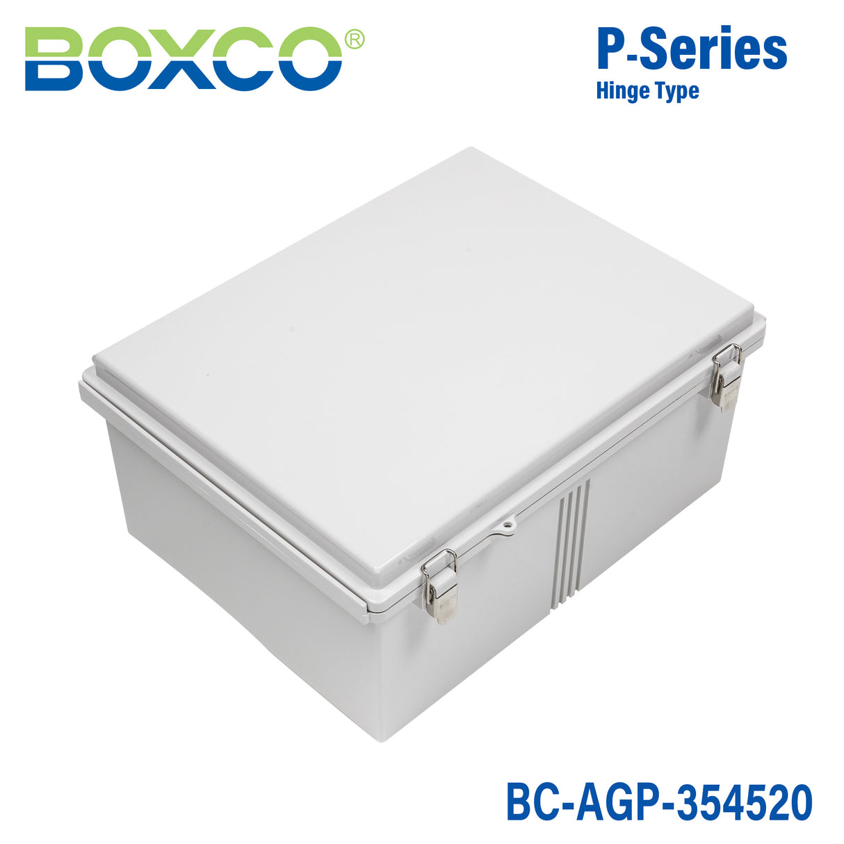 Boxco P-Series 13.78 x 17.72 x 7.87 Inches(350 x 450 x 200mm) Plastic Enclosure, IP67, IK08, ABS, Grey Cover, Molded Hinge and Latch Type