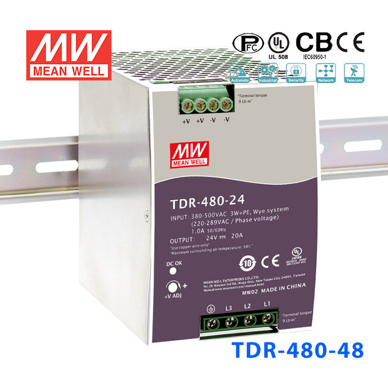 Mean Well TDR-480-48 Single Output Industrial Power Supply 480W 48V - DIN Rail