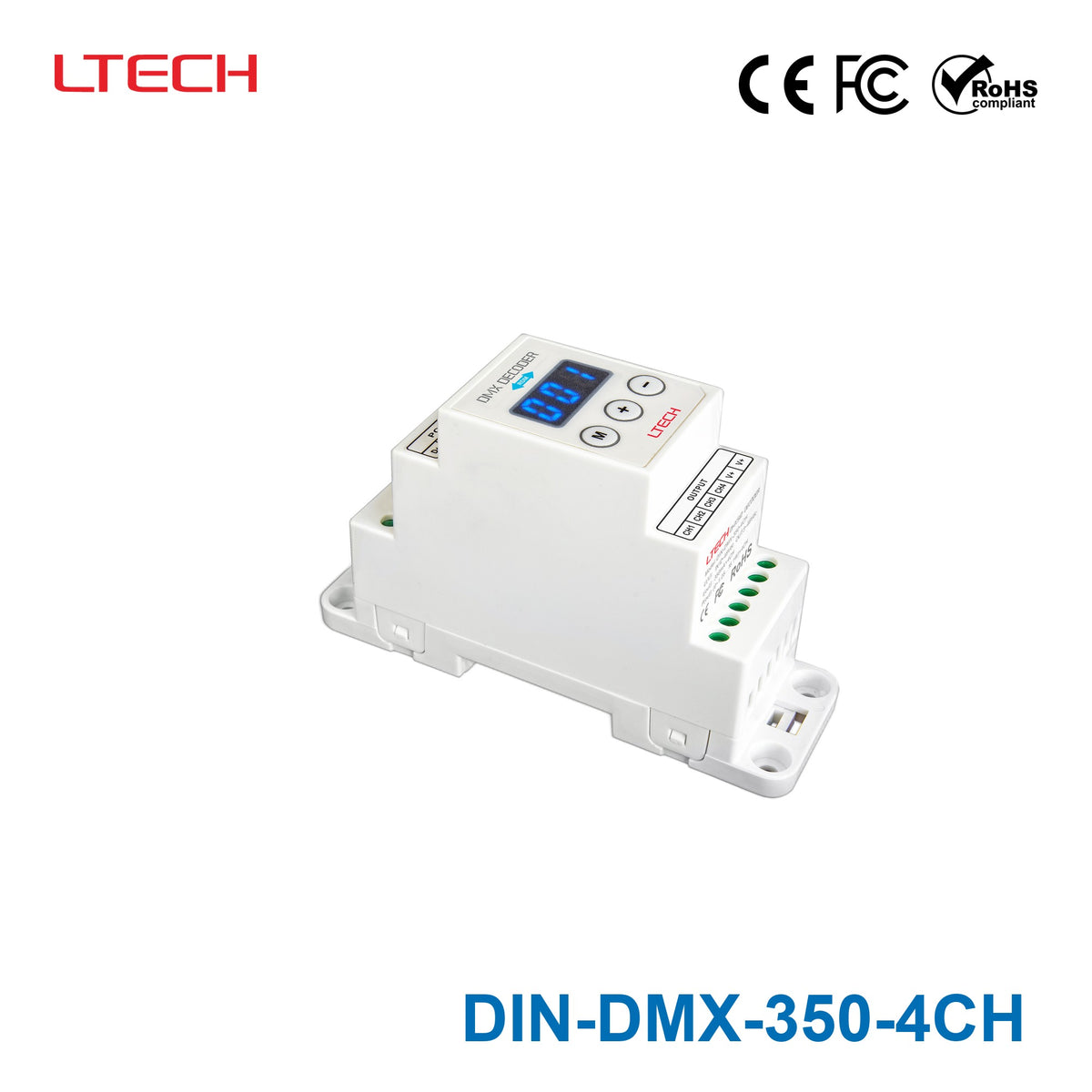 Ltech DIN-DMX-350-4CH Constant Current Decoder - DMX/RDM