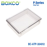 Boxco P-Series 11.81 x 15.75 x 4.72 Inches(300 x 400 x 120mm) Plastic Enclosure, IP67, IK08, ABS, Transparent Cover, Molded Hinge and Latch Type