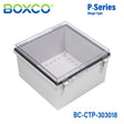 Boxco P-Series 11.81 x 11.81 x 7.09 Inches(300 x 300 x 180mm) Plastic Enclosure, IP67, IK08, PC, Transparent Cover, Molded Hinge and Latch Type