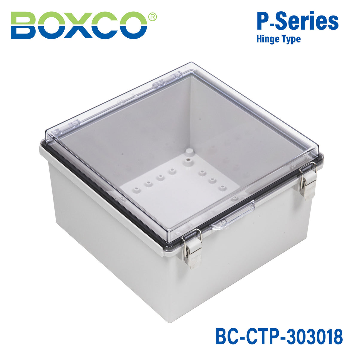 Boxco P-Series 11.81 x 11.81 x 7.09 Inches(300 x 300 x 180mm) Plastic Enclosure, IP67, IK08, PC, Transparent Cover, Molded Hinge and Latch Type