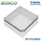 Boxco S-Series 11.02 x 11.02 x 5.12 Inches(280x280x130mm) Plastic Enclosure, IP67, IK08, PC, Transparent Cover, Screw Type