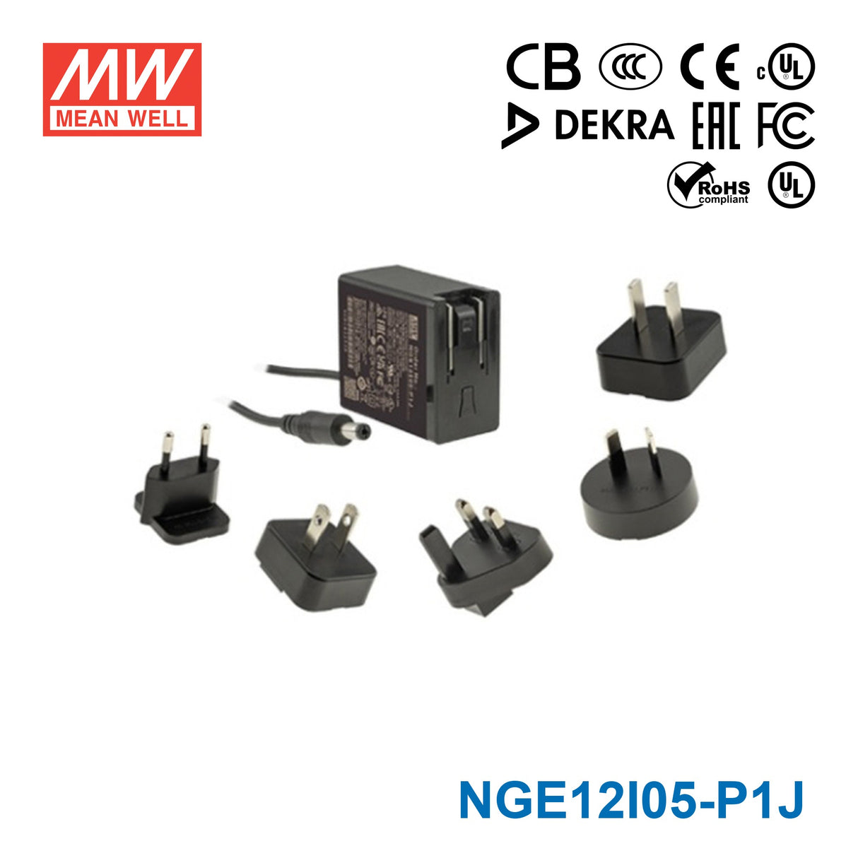 Mean Well NGE12I05-P1J AC-DC Wall-mounted Green Adaptor - Interchangeable Plug - 12W 5V 2.4A