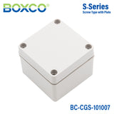 Boxco S-Series 3.94 x 3.94 x 2.95 Inches(100x100x75mm) Plastic Enclosure, IP67, IK08, PC, Grey Cover, Screw Type