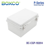 Boxco P-Series 7.48 x 11.02 x 5.51 Inches(190 x 280 x 140mm) Plastic Enclosure, IP67, IK08, PC, Grey Cover, Molded Hinge and Latch Type