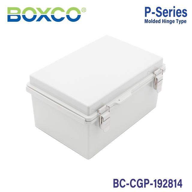 Boxco P-Series 7.48 x 11.02 x 5.51 Inches(190 x 280 x 140mm) Plastic Enclosure, IP67, IK08, PC, Grey Cover, Molded Hinge and Latch Type