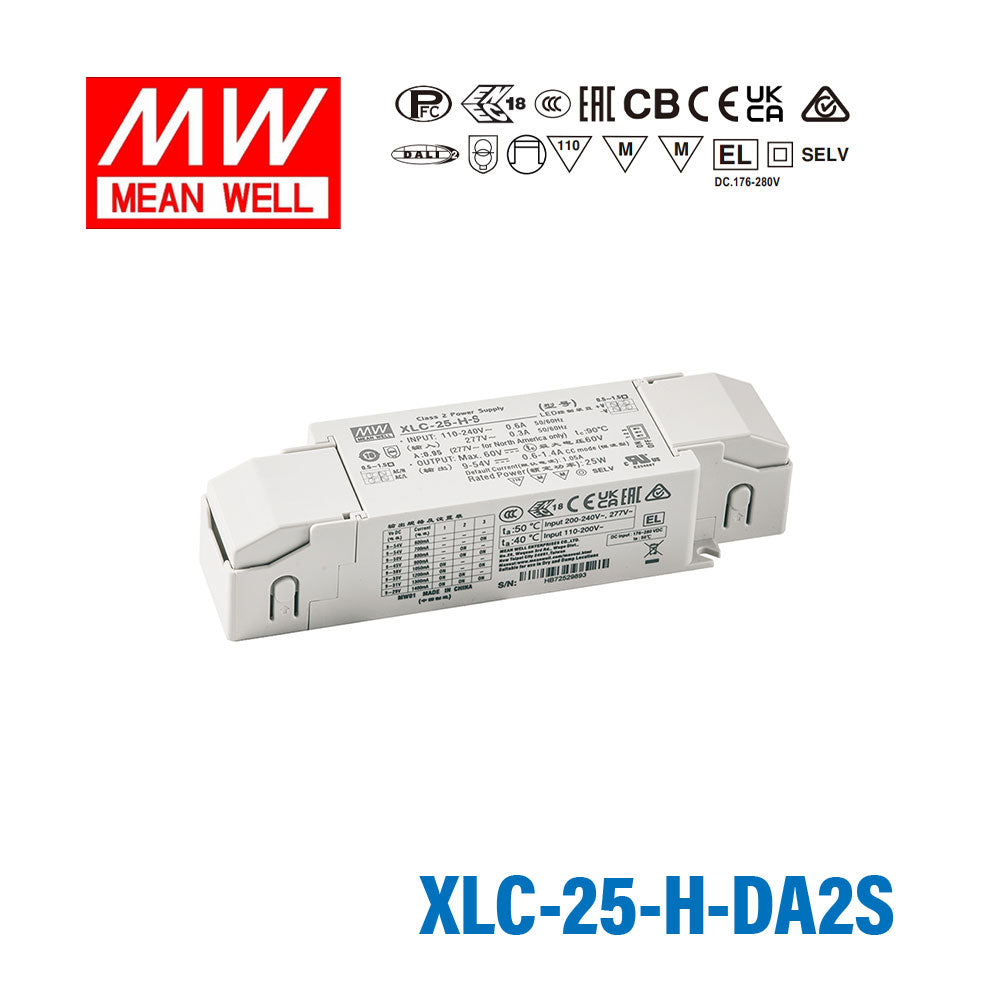 Mean Well XLC-25-H-DA2S LED Driver 25W 700mA 9~54V Constant Power, DALI2 + Push Dimming with Strain-relief, Current Setting by Dip Switch
