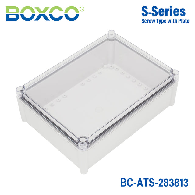 Boxco S-Series 11.02 x 14.96 x 5.12 Inches(280x380x130mm) Plastic Enclosure, IP67, IK08, ABS, Transparent Cover, Screw Type