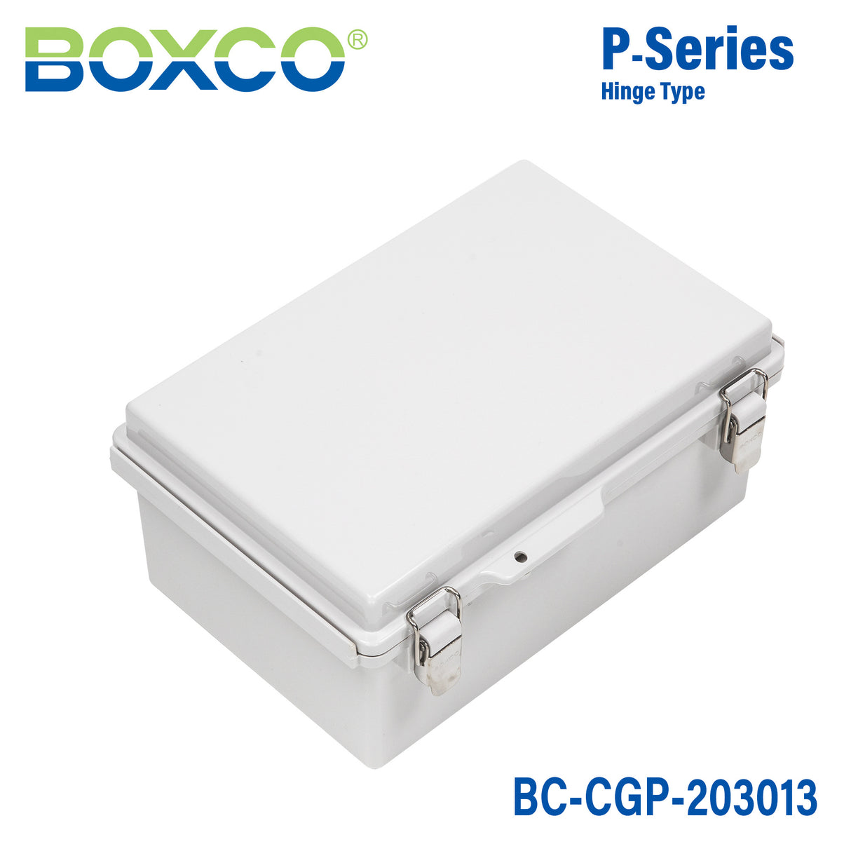Boxco P-Series 7.87 x 11.81 x 5.12 Inches(200 x 300 x 130mm) Plastic Enclosure, IP67, IK08, PC, Grey Cover, Molded Hinge and Latch Type