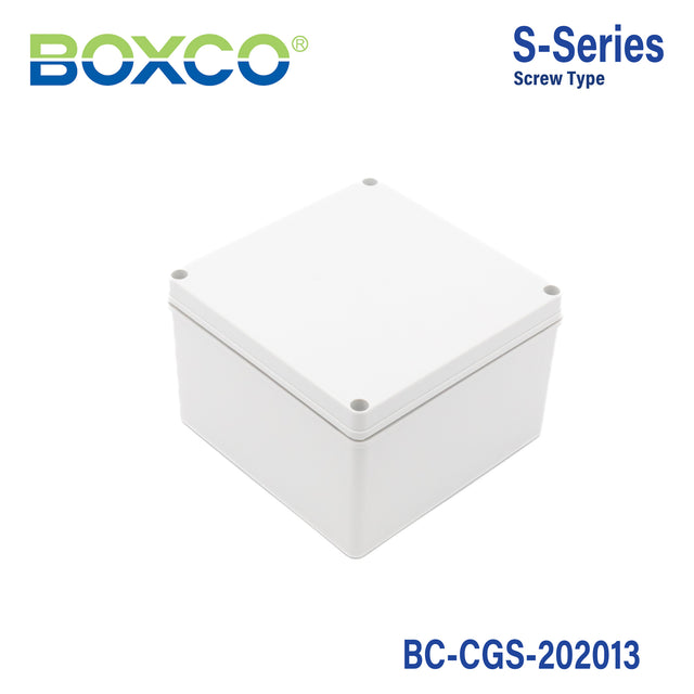 Boxco S-Series 7.87 x 7.87 x 5.12 Inches(200x200x130mm) Plastic Enclosure, IP67, IK08, PC, Grey Cover, Screw Type