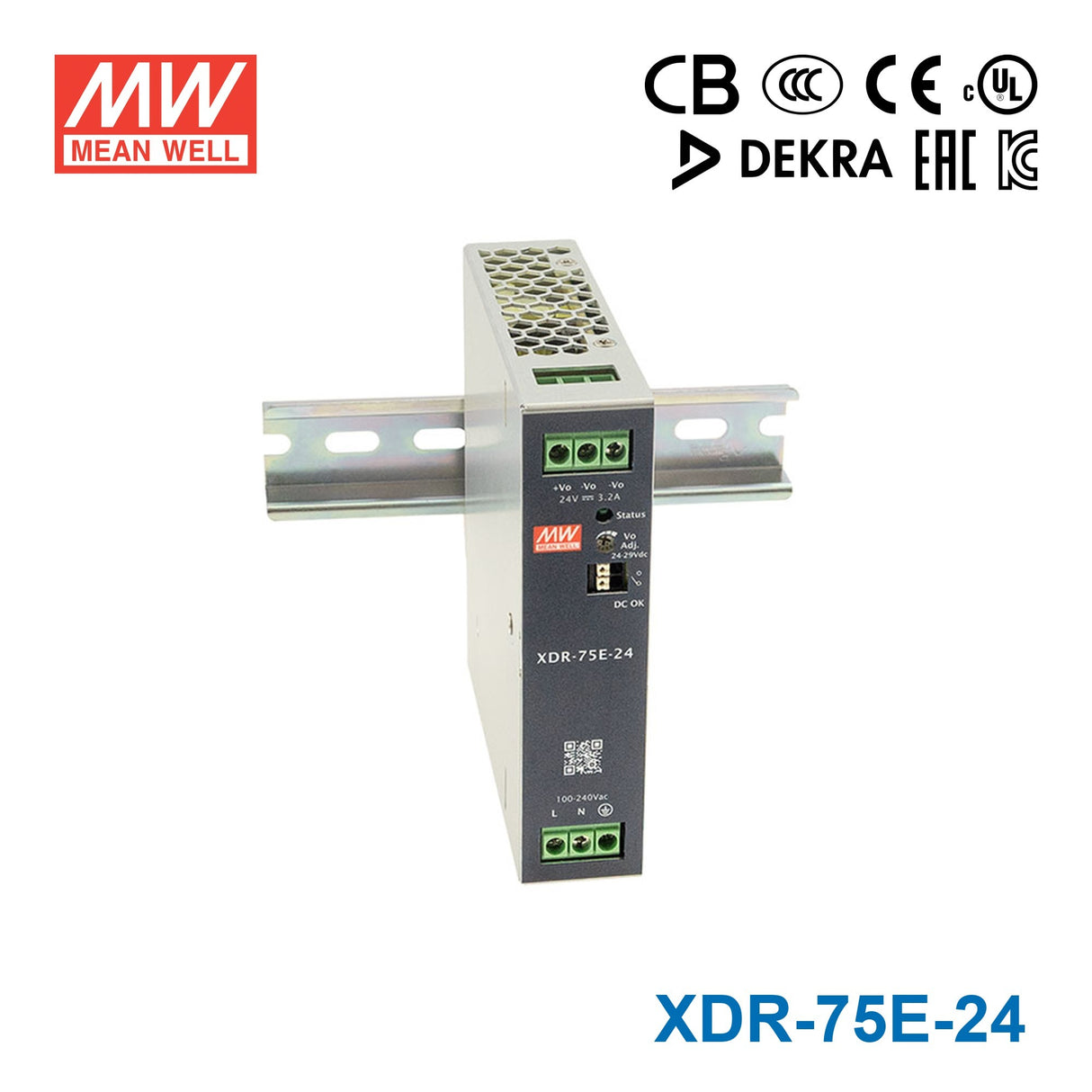 Mean Well XDR-75E-24 Economical Ultra Slim Din Rail Power Supply 76.8W 24V