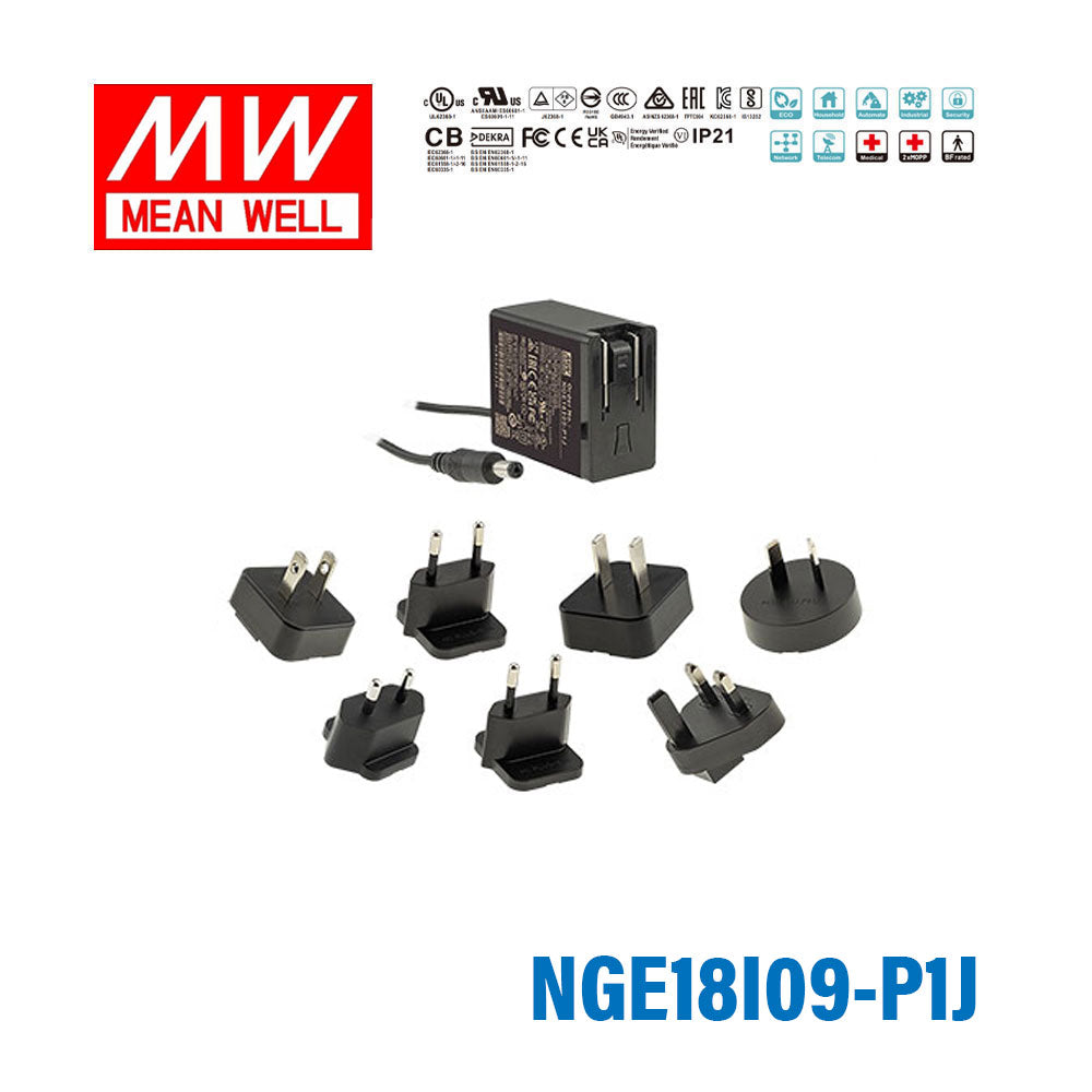 Mean Well NGE18I09-P1J AC-DC Wall-mounted Green Adaptor - Interchangeable Plug - 18W 9V 2A