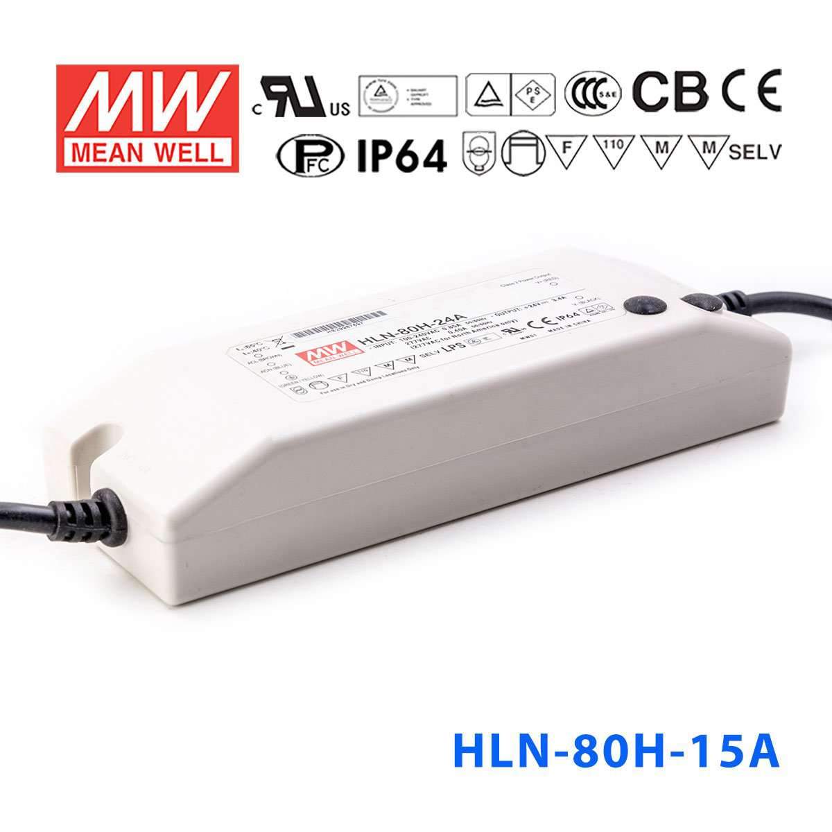 Mean Well HLN-80H-15A Power Supply 75W 15V - IP64, Adjustable 5A