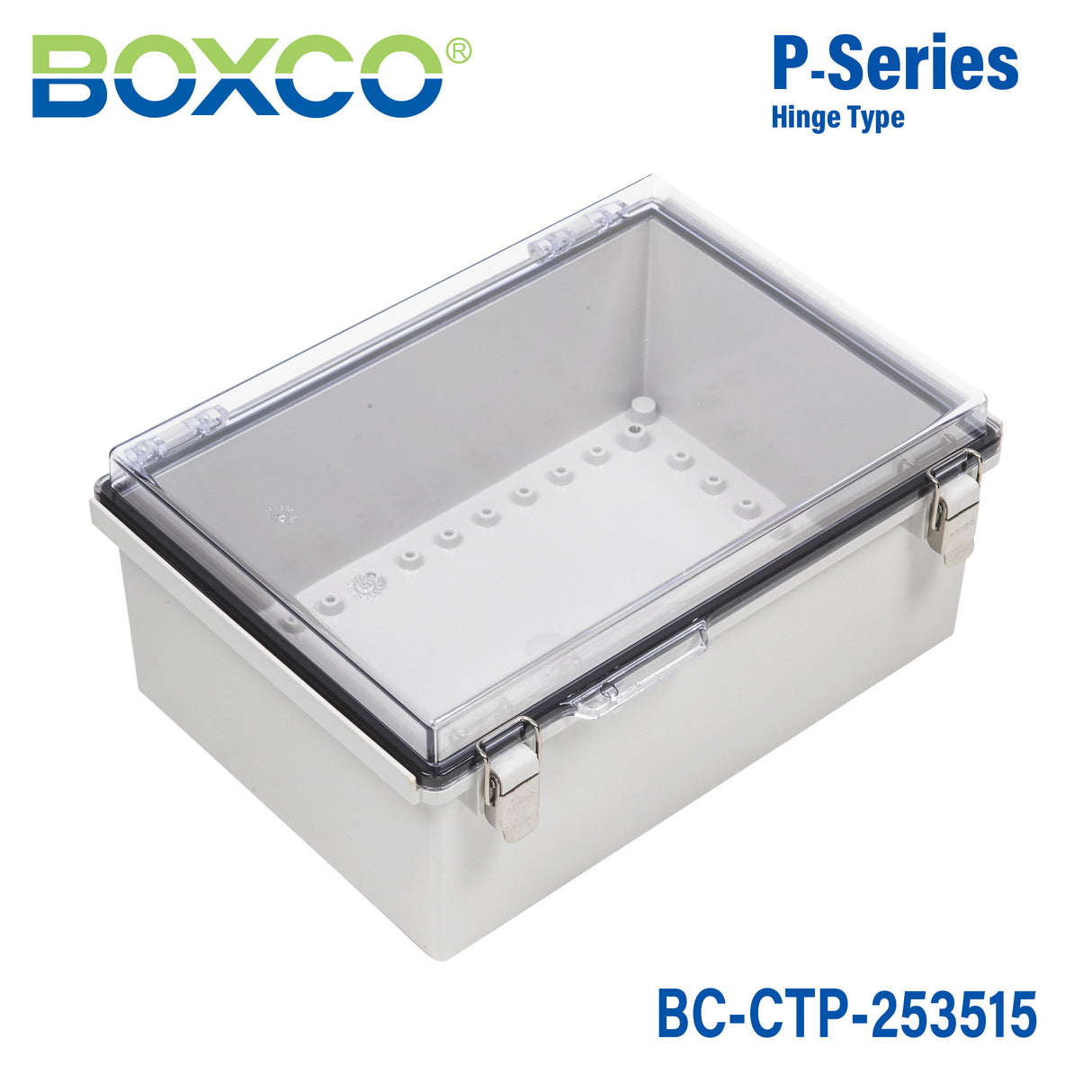 Boxco P-Series 9.84 x 13.78 x 5.91 Inches(250 x 350 x 150mm) Plastic Enclosure, IP67, IK08, PC, Transparent Cover, Molded Hinge and Latch Type