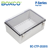 Boxco P-Series 9.84 x 13.78 x 5.91 Inches(250 x 350 x 150mm) Plastic Enclosure, IP67, IK08, PC, Transparent Cover, Molded Hinge and Latch Type