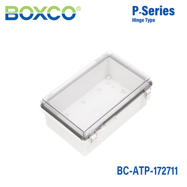 Boxco P-Series 6.69 x 10.63 x 4.33 Inches(170 x 270 x 110mm) Plastic Enclosure, IP67, IK08, ABS, Transparent Cover, Molded Hinge and Latch Type