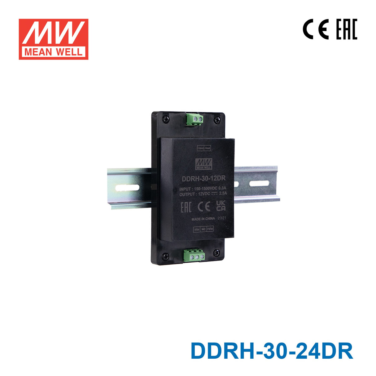 Mean Well DDRH-30-24DR Ultra Wide Input DC-DC Converter, 30W 24V, Din Rail Type 1.25A