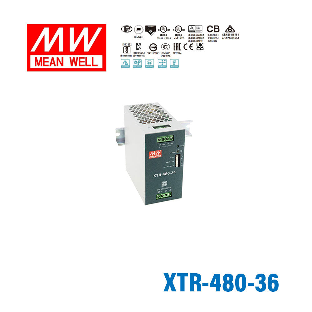 Mean Well XTR-480-36 Three Phase Din Rail Power Supply 480W 36V - Screw Terminal