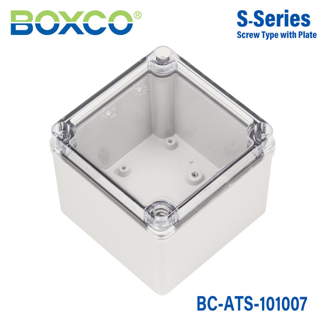 Boxco S-Series 3.94 x 3.94 x 2.95 Inches(100x100x75mm) Plastic Enclosure, IP67, IK08, ABS, Transparent Cover, Screw Type
