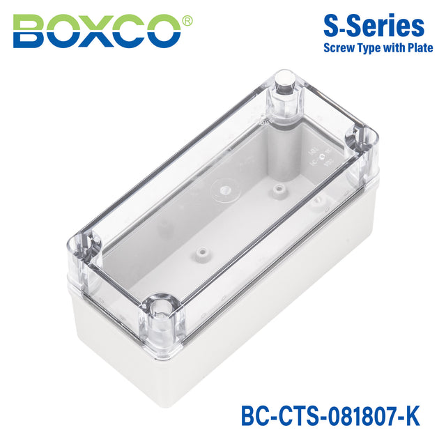Boxco S-Series 3.15 x 7.09 x 2.76 Inches(80 x 180 x 70mm) Plastic Enclosure, IP67, IK08, PC, Transparent Cover, Screw Type