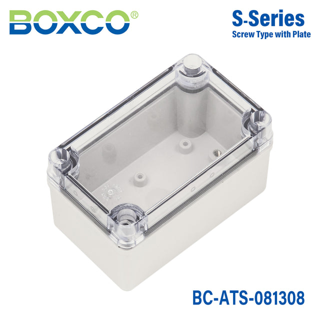 Boxco S-Series 3.15 x 5.12 x 3.35 Inches(80x130x85mm) Plastic Enclosure, IP67, IK08, ABS, Transparent Cover, Screw Type