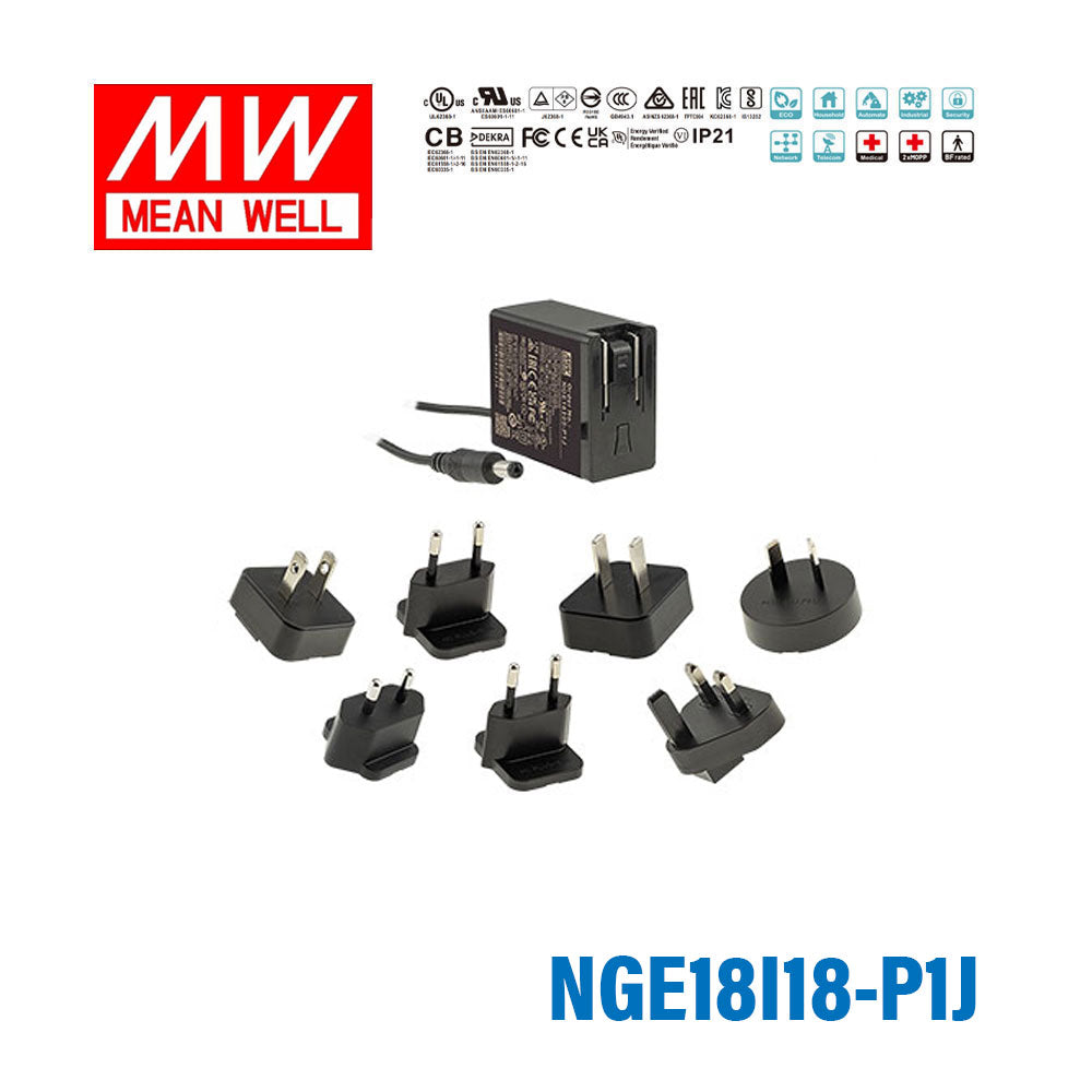 Mean Well NGE18I18-P1J AC-DC Wall-mounted Green Adaptor - Interchangeable Plug - 18W 18V 1A