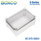 Boxco S-Series 7.48 x 11.02 x 5.12 Inches(190x280x130mm) Plastic Enclosure, IP67, IK08, ABS, Transparent Cover, Screw Type