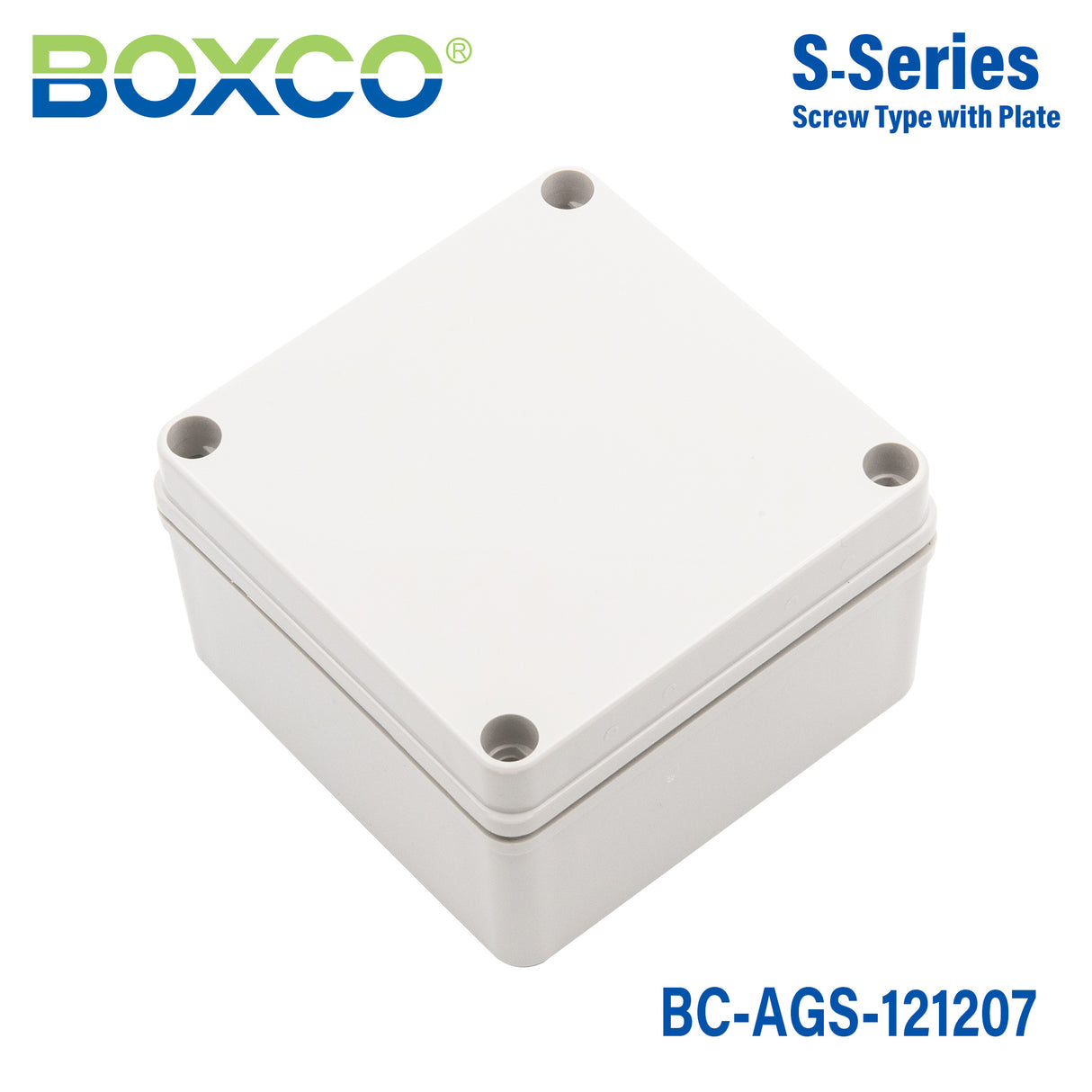 Boxco S-Series 4.92 x 4.92 x 2.95 Inches(125x125x75mm) Plastic Enclosure, IP67, IK08, ABS, Grey Cover, Screw Type