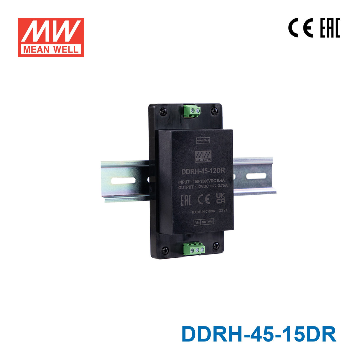 Mean Well DDRH-45-15DR Ultra Wide Input DC-DC Converter, 45W 15V, Din Rail Type 3A