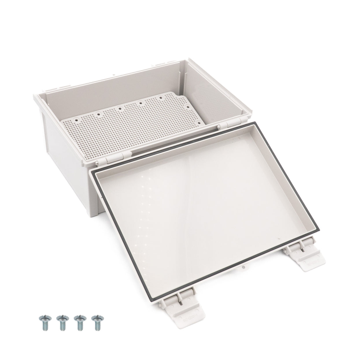 Boxco Q-Series 9.84 x 9.84 x 6.30 Inches(250 x 250 x 160mm) Plastic Enclosure, IP67, IK08, ABS, Grey Cover, Hinge Type with Plate - PHOTO 1