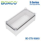 Boxco S-Series 7.48 x 14.96 x 5.12 Inches(190x380x130mm) Plastic Enclosure, IP67, IK08, PC, Transparent Cover, Screw Type