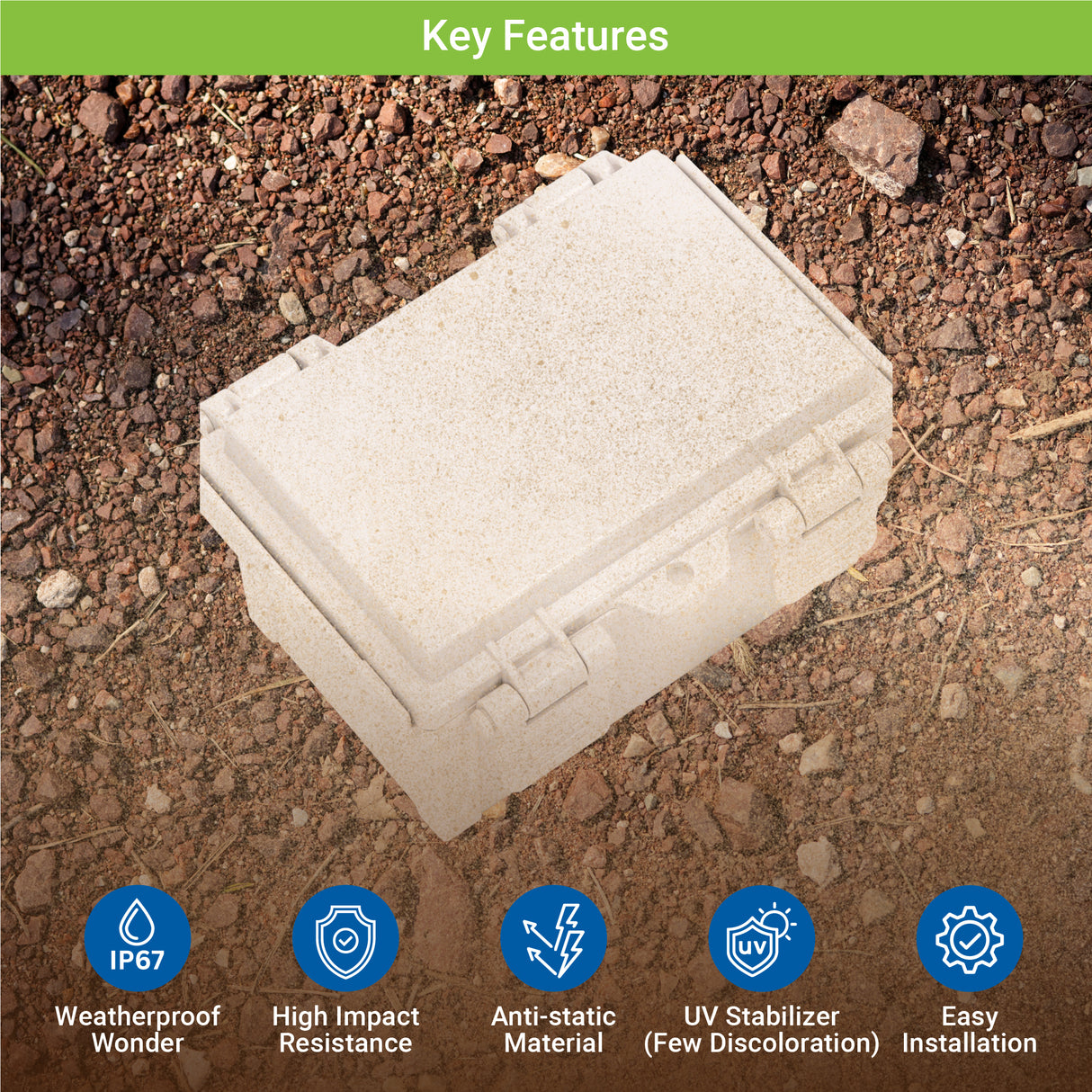 Boxco Q-Series 5.91 x 5.91 x 4.72 Inches(150 x 150 x 120mm) Plastic Enclosure, IP67, IK08, PC, Grey Cover, Plastic Hinge and Latch Type - PHOTO 5