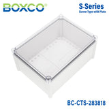 Boxco S-Series 11.02 x 14.96 x 7.09 Inches(280x380x180mm) Plastic Enclosure, IP67, IK08, PC, Transparent Cover, Screw Type