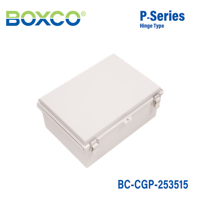 Boxco P-Series 9.84 x 13.78 x 5.91 Inches(250 x 350 x 150mm) Plastic Enclosure, IP67, IK08, PC, Grey Cover, Molded Hinge and Latch Type
