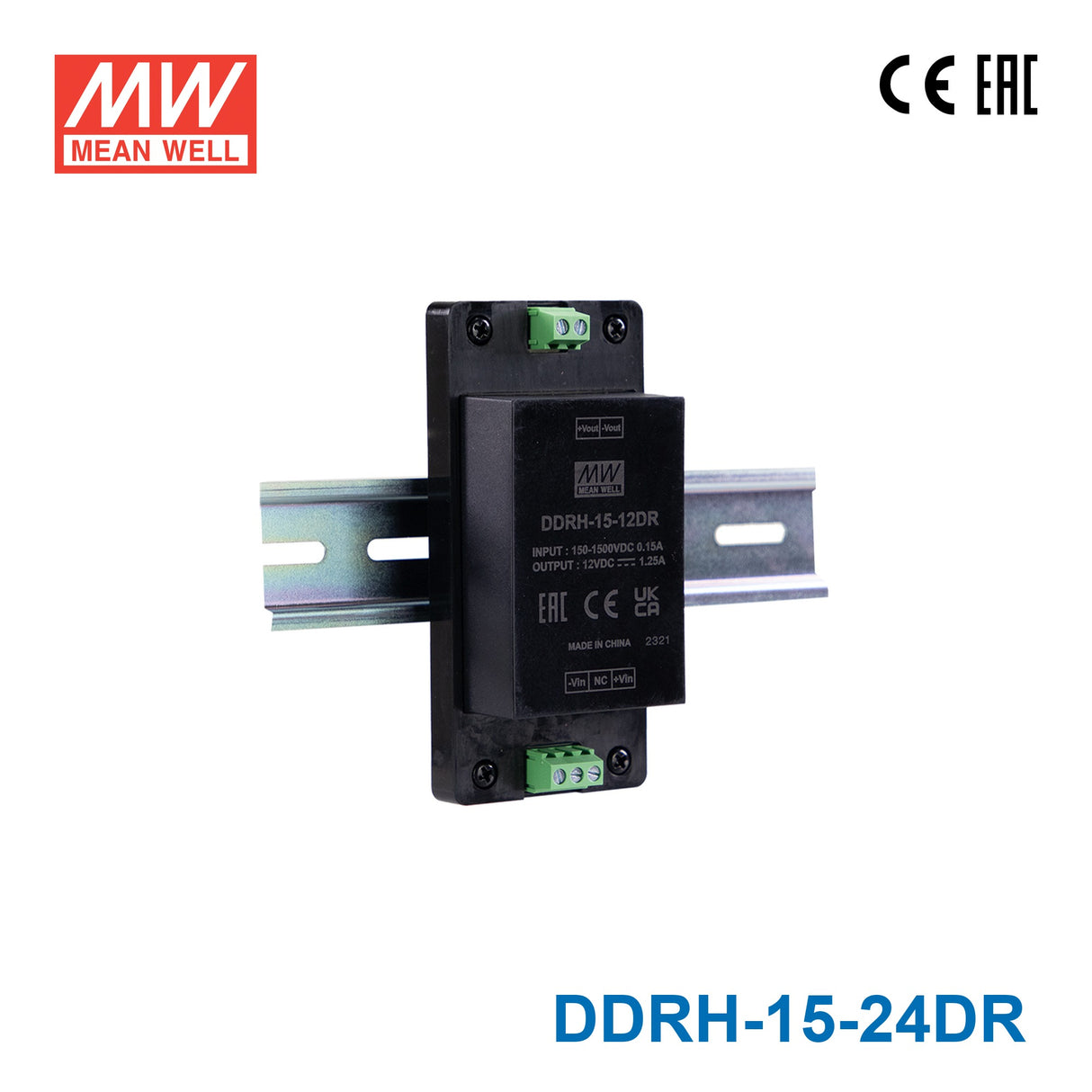 Mean Well DDRH-15-24DR Ultra Wide Input DC-DC Converter, 15W 24V, Din Rail Type 625mA